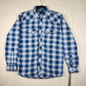 PINTLAR Mens XL Blue Plaid Western Snap Front Long‎ Sleeve Shirt 100% Cotton